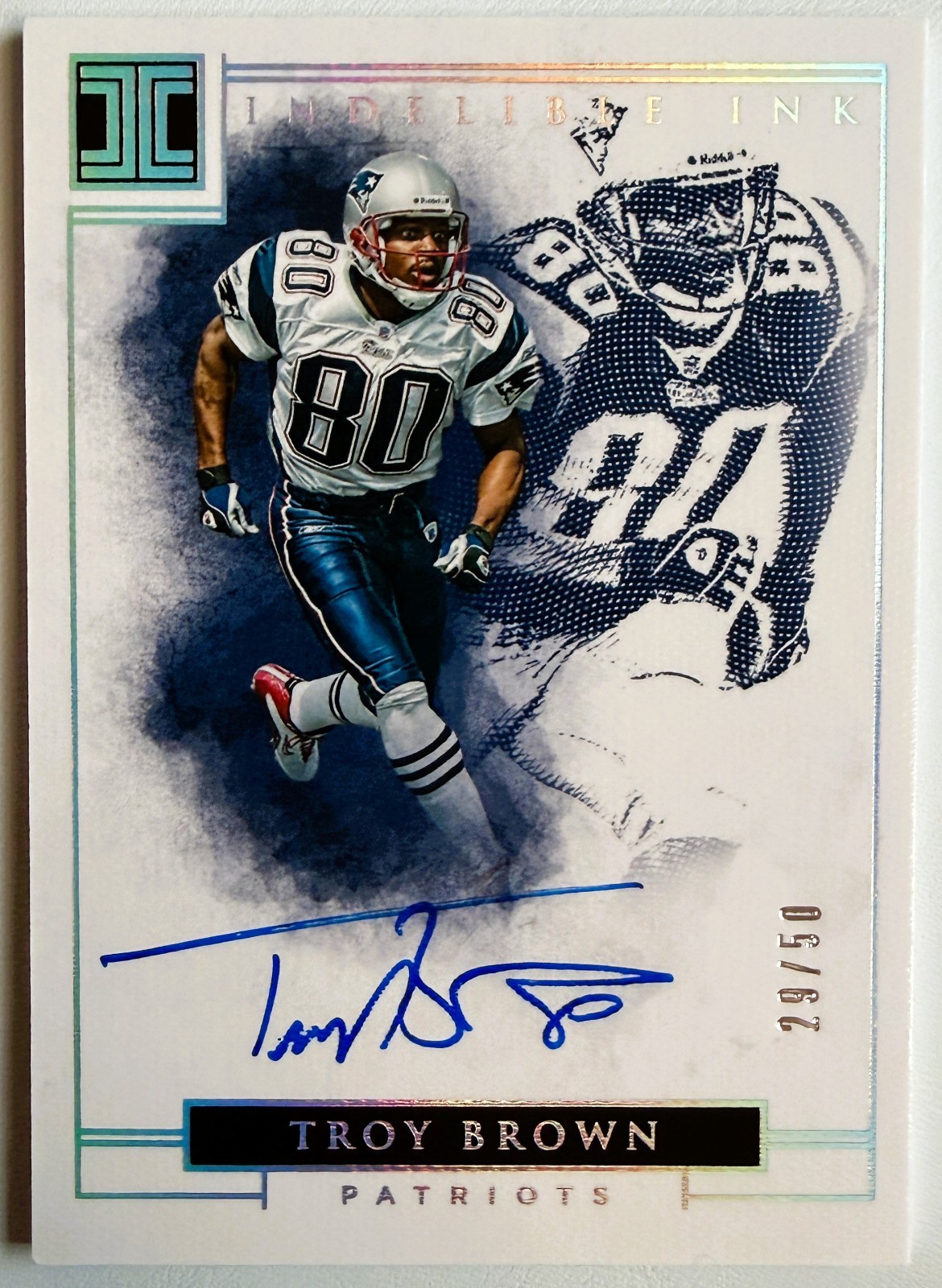 Troy Brown 2016 Panini Impeccable Indelible Ink Auto On Card #26 Patriots /50