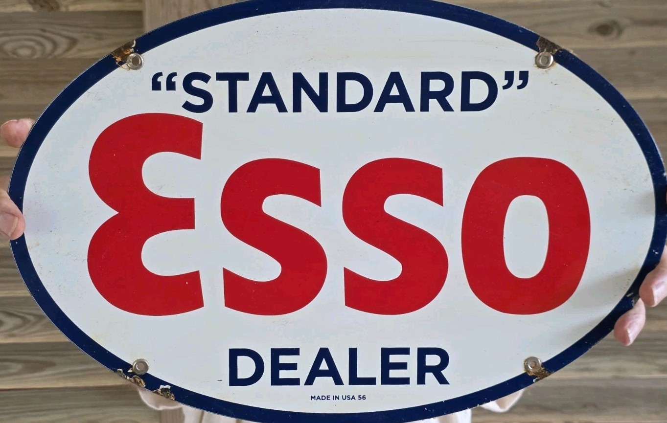 LARGE VINTAGE 1956 ESSO STANDARD GASOLINE PORCELAIN ENAMEL SIGN 16.5 LARGE VINTAGE 1956 ESSO STANDARD GASOLINE PORCELAIN ENAMEL SIGN 16.5