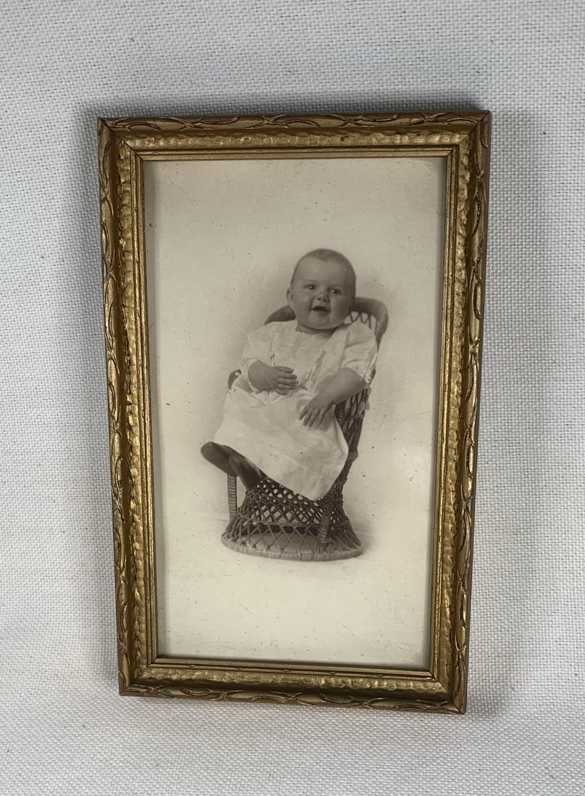 Framed Photo Of Smiling Baby Seated In Wicker Chair 1920s Instant Ancestor