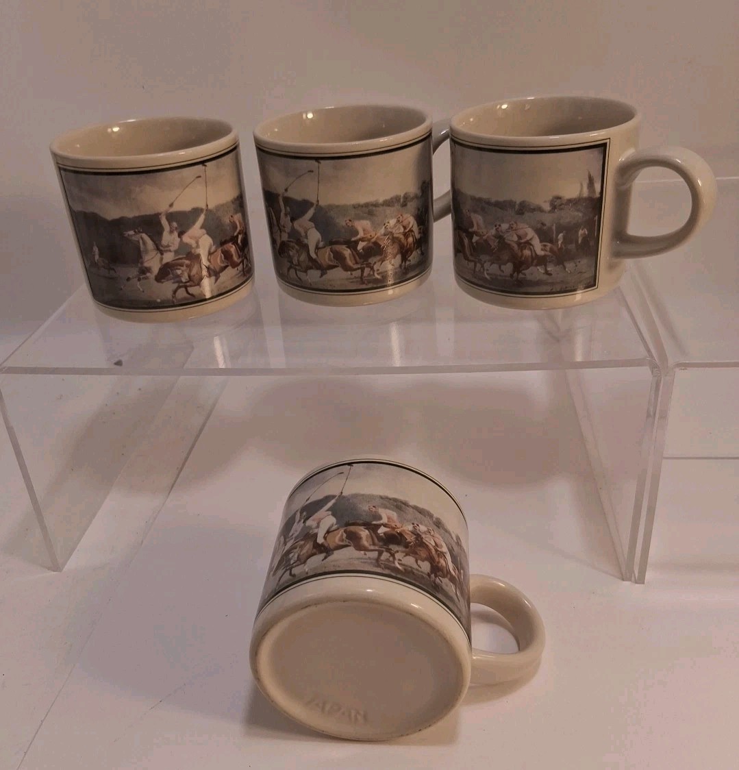 Vintage Set Of 4 Ralph Lauren Coffee Mugs Cups  Polo Match Scene Japan Read Look