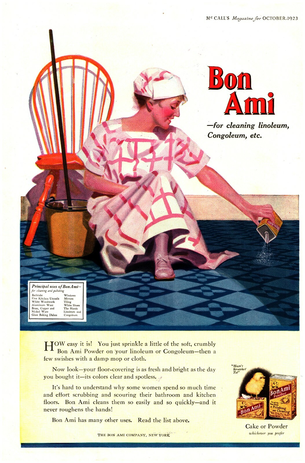 1923 Bon Ami Powder Vintage Print Ad Woman Cleaning Linoleum Floor Baby Chick ​