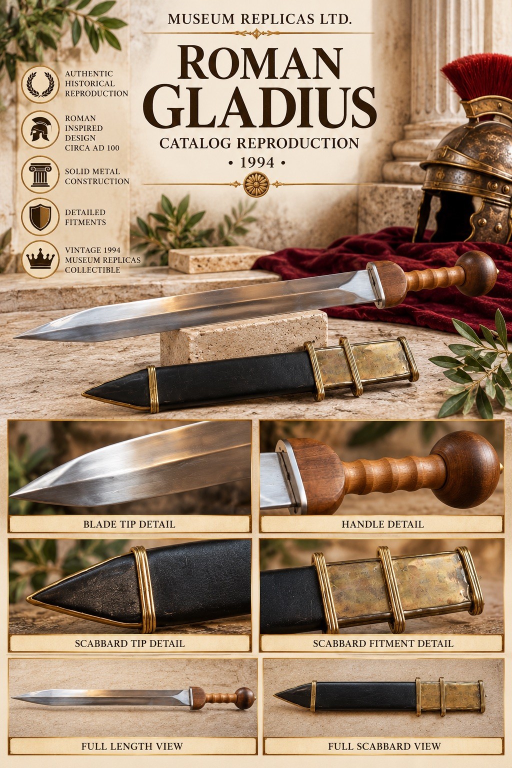 1994 Vintage Roman Gladius Sword  Roman Legionary Reproduction with Scabbard