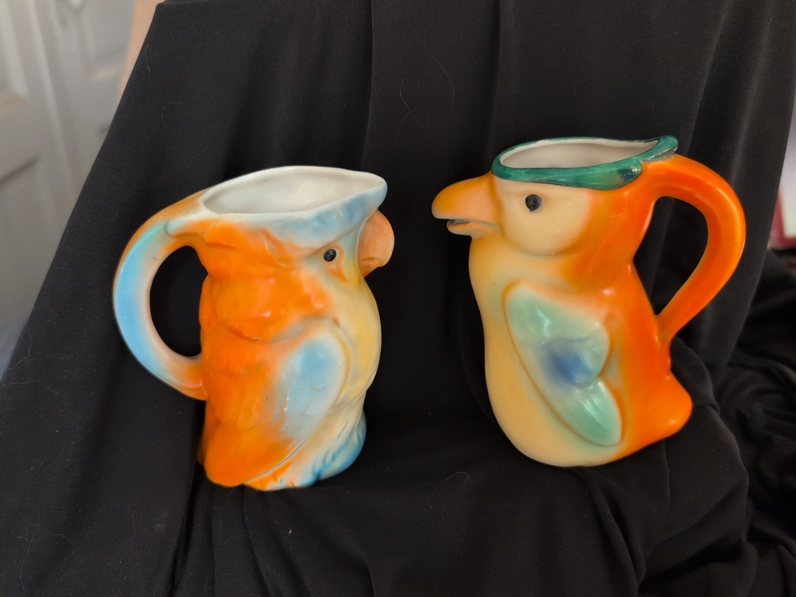 VINTAGE ANTIQUE CZECH EXOTIC BIRDS CERAMIC CREAMERS  1930S-1940’S — LOT OF 2