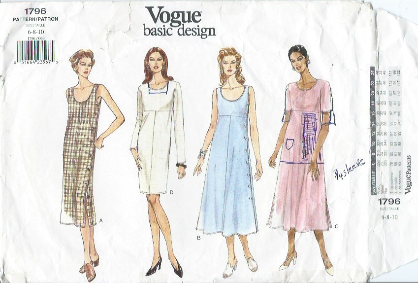 Vogue 1796 sewing pattern Pullover DRESS in 3 lengths sew 4 styles sizes 6,8,10 Vogue 1796 sewing pattern Pullover DRESS in 3 lengths sew 4 styles sizes 6,8,10