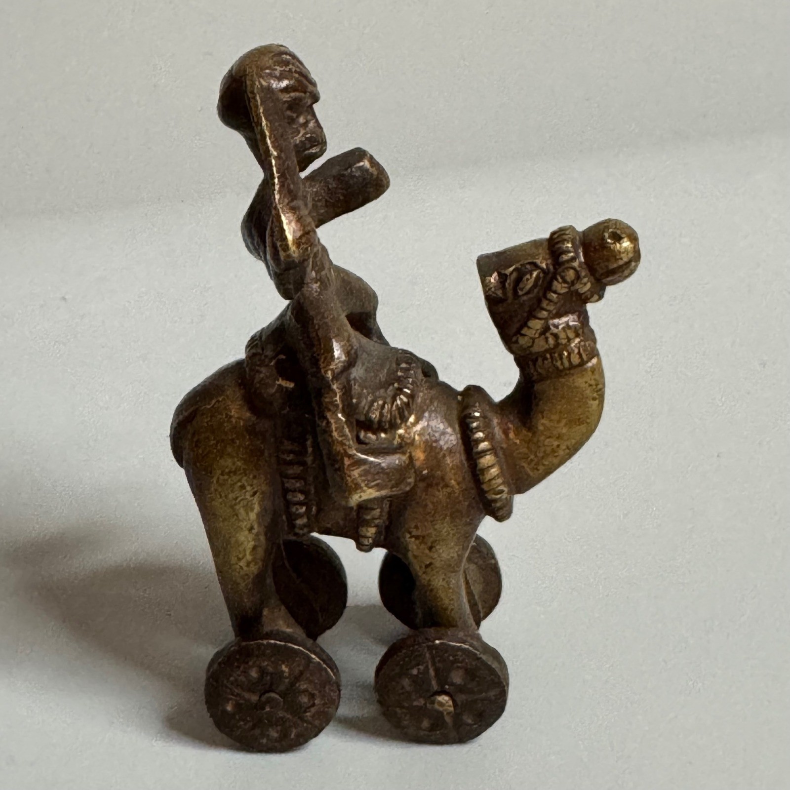 Vintage Dhokra Bronze Camel and Rider Figurine on Wheels Tribal Folk Art 3.5\