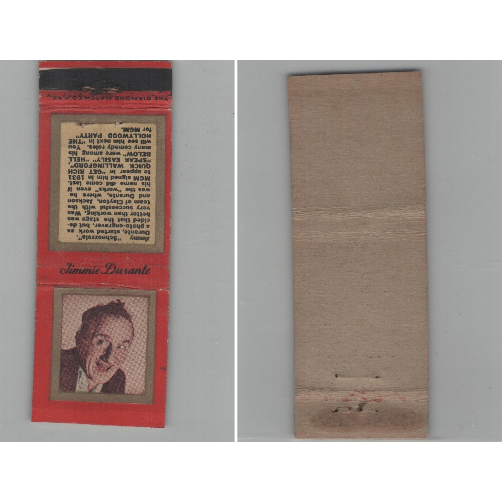 Matchbook Cover 1930s Movie Star Jimmie Durante