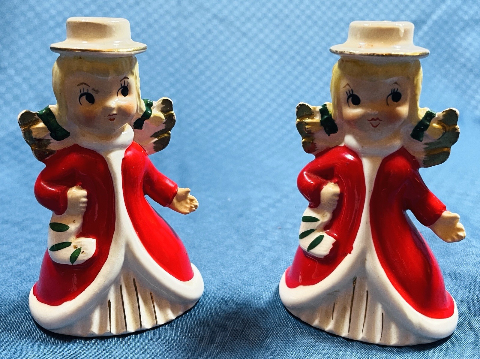 Pair Vintage NAPCO Red Christmas Ceramic Angel Candle Holder Bell Japan 1950s Pair Vintage NAPCO Red Christmas Ceramic Angel Candle Holder Bell Japan 1950s
