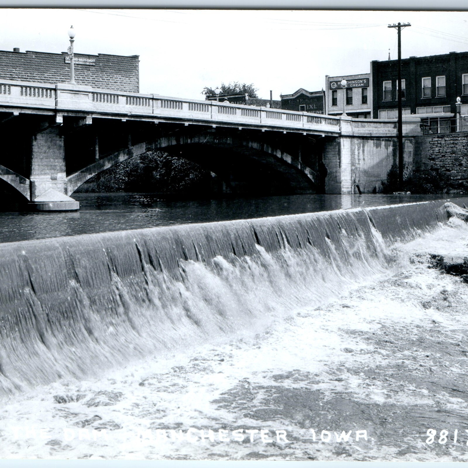 c1950s Manchester, IA Maquoketa River Dam Marion Bridge RPPC Postcard