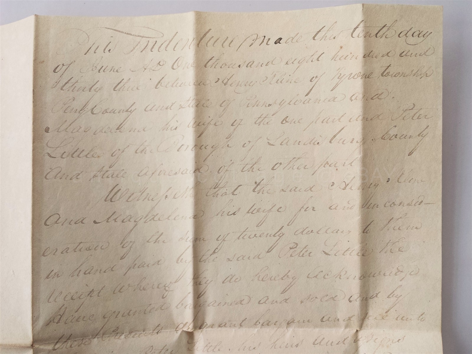 1833 antique DEED HENRY KLINE to PETER LITTLE tyrone township perry county pa