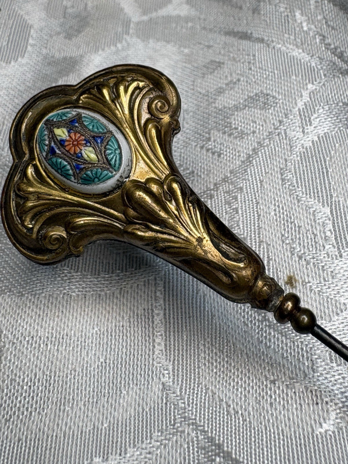  Antique Hatpin Gold Tone Hat pin Fancy Glass Center 12”