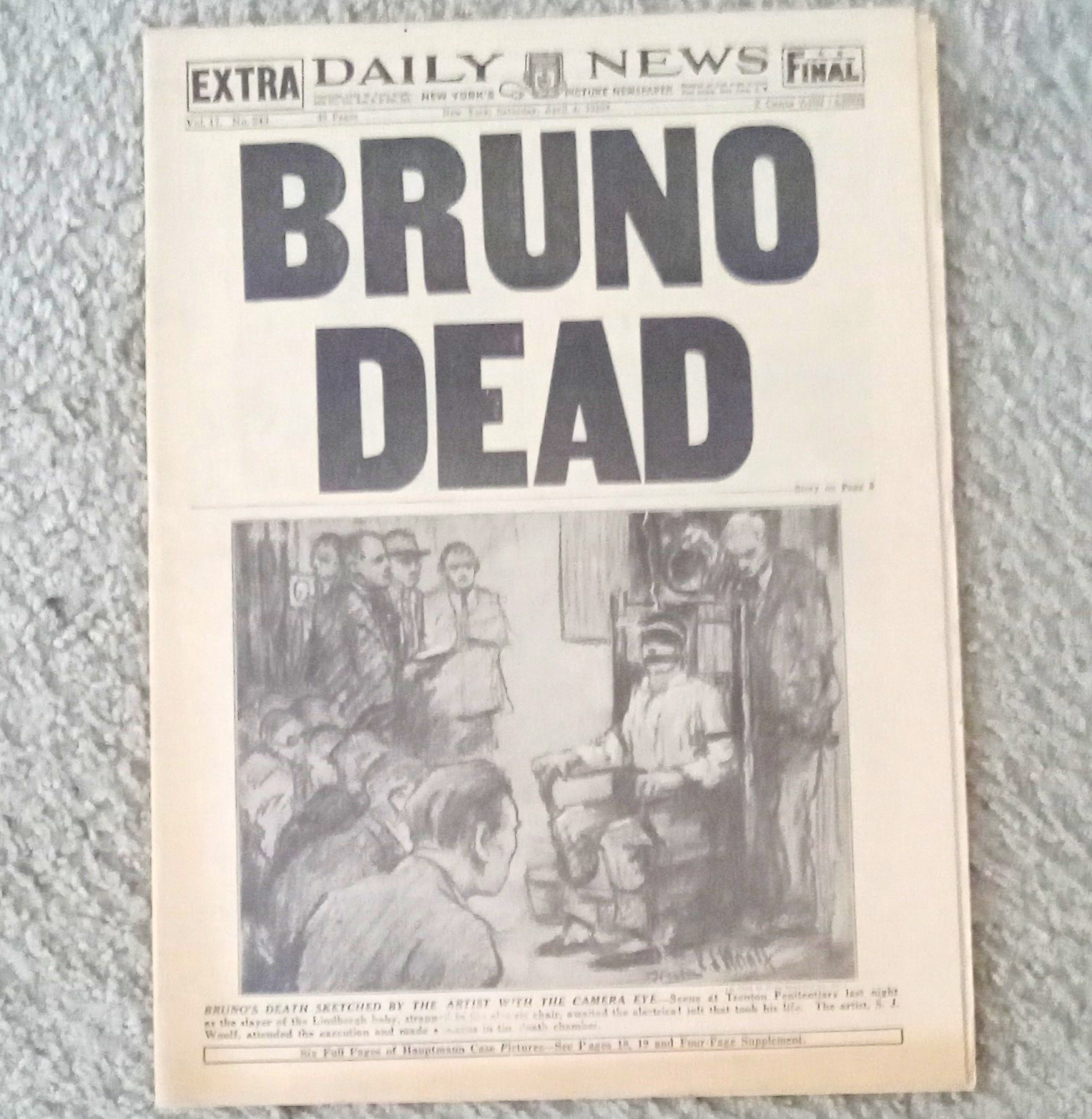 Lindbergh Baby Kidnapper Execution - April 4, 1936 New York Daily News Newspaper Lindbergh Baby Kidnapper Execution - April 4, 1936 New York Daily News Newspaper