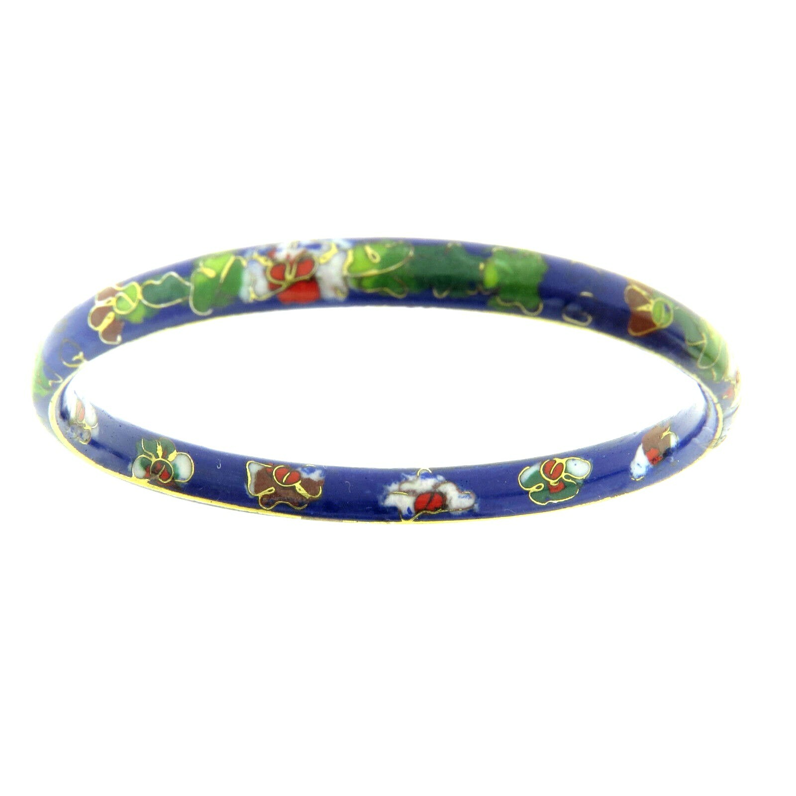 Vintage Chinese Cloisonne Bangle Enamel Blue Floral Bracelet 7mm 8\