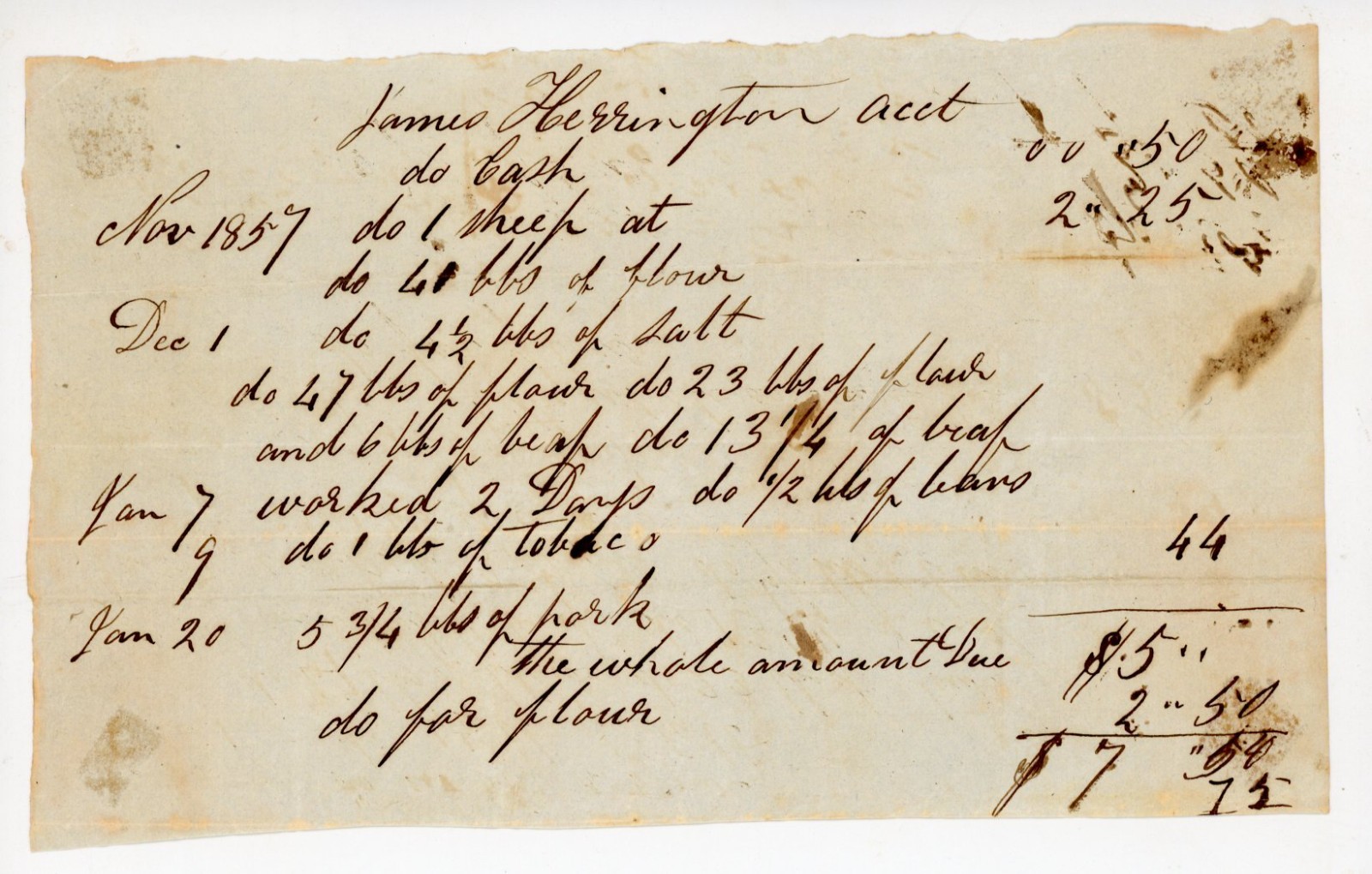 Antique 1857-1858 Manuscript Account Ledger Sheet James Herrington Ephemera Antique 1857-1858 Manuscript Account Ledger Sheet James Herrington Ephemera