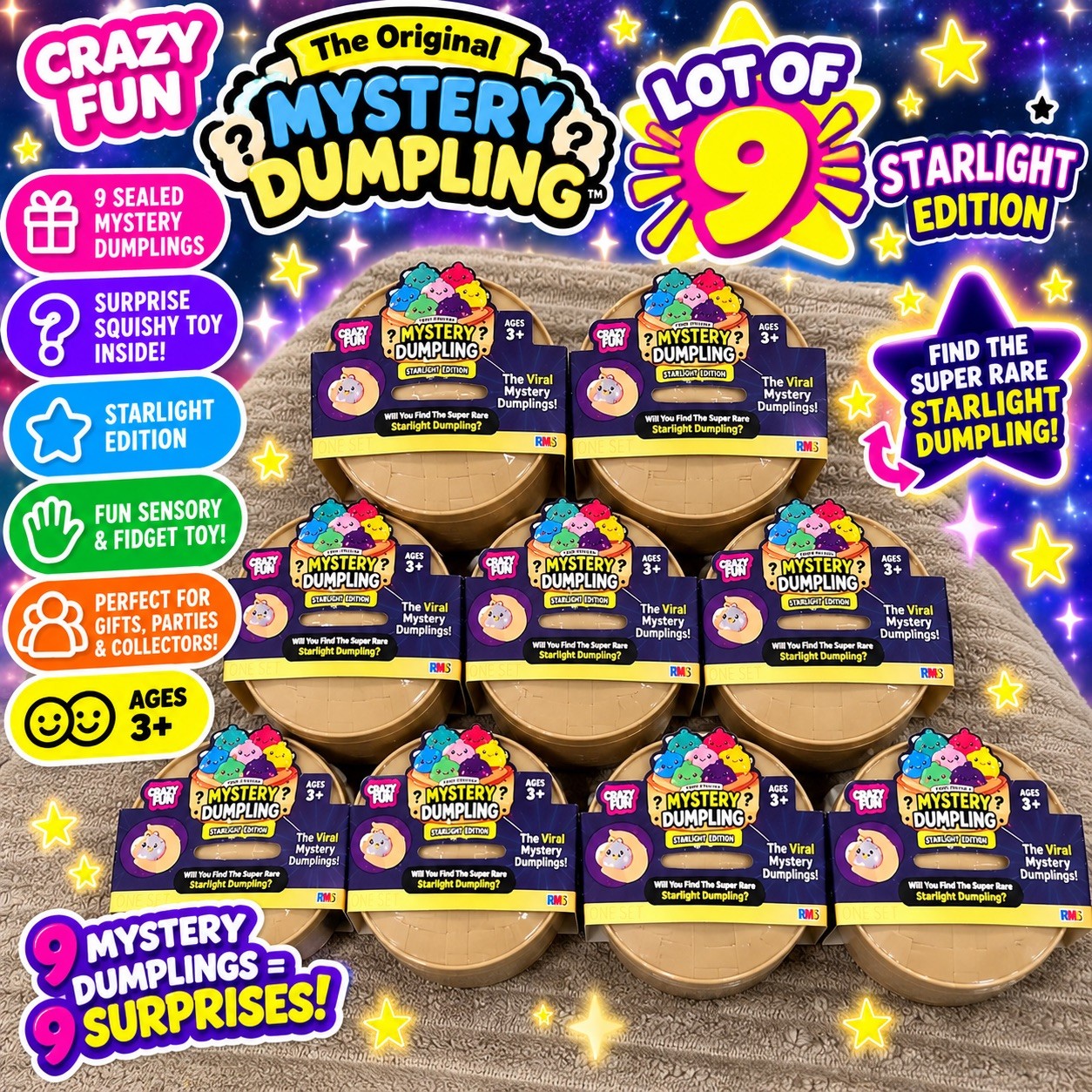 LOT OF 9 RMS Mystery Dumplings Starlight Edition Sealed Squishy Fidget Toys