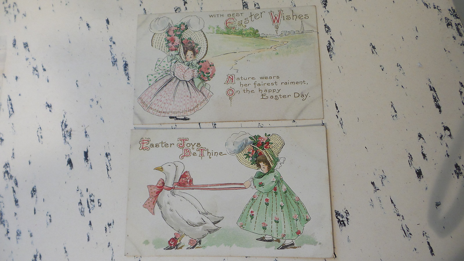 2 - Antique EASTER POSTCARD Embossed Victorian GIRL Wearing OVER-SIZED BONNET