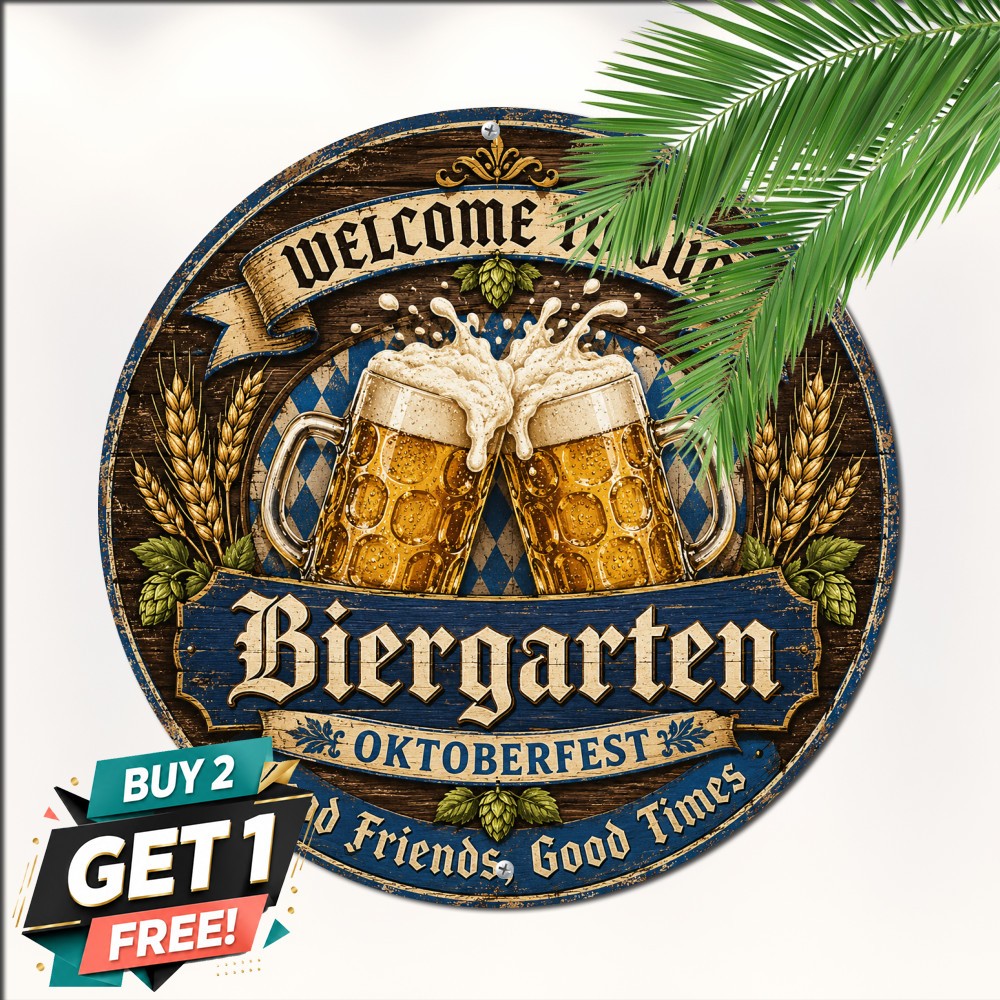 Oktoberfest Bavarian Party Banner Round Metal Sign German Tavern Bar Tin Plaque