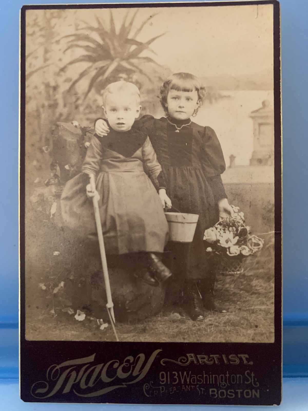 Antique Cabinet Card Photograph 2 girls Tracey Artistic Boston Mass