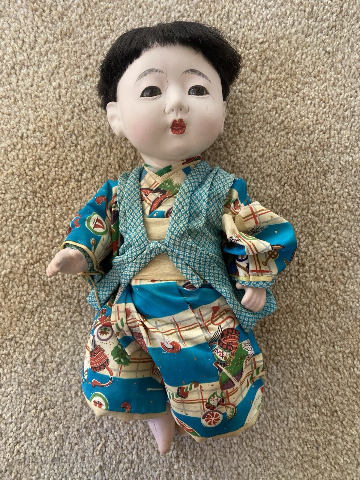 Vintage Japanese Ichimatsu Boy Doll Composition Black Hair Kimono Outfit