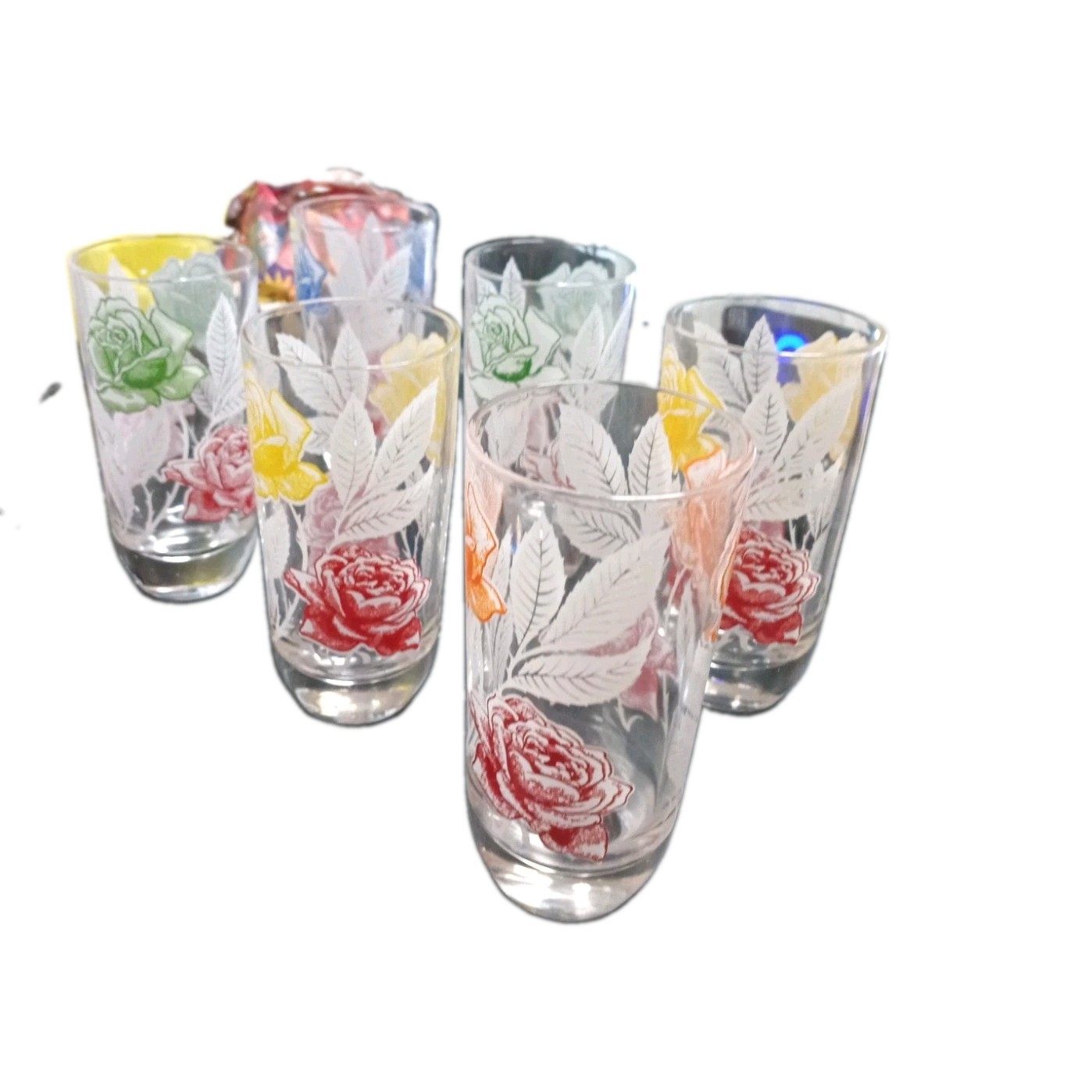 6 x VTG 1950s Libbey Rose Drinking Glasses MCM Yellow Red Orange Green MINT COND 6 x VTG 1950s Libbey Rose Drinking Glasses MCM Yellow Red Orange Green MINT COND