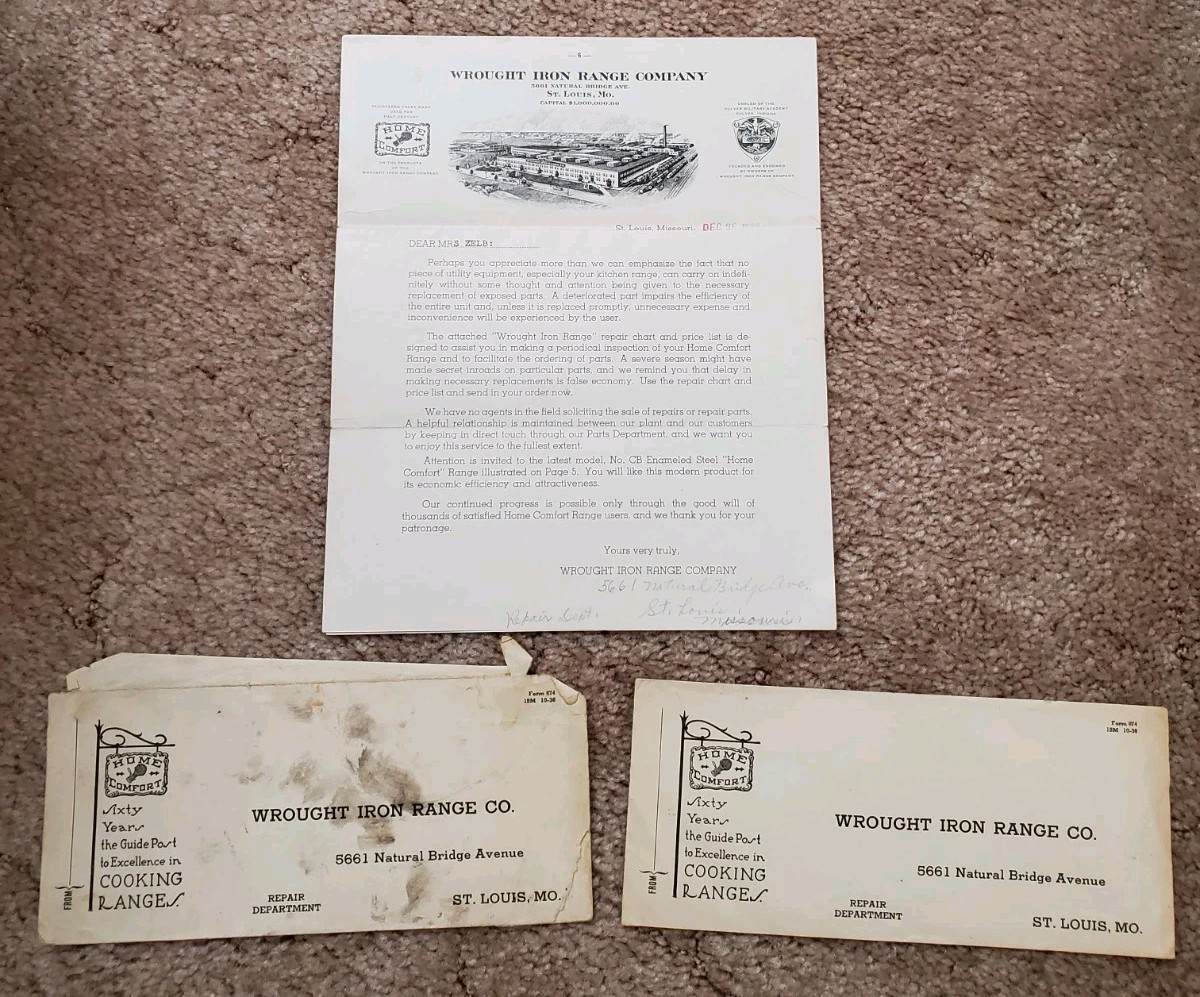 Vintage 1930s 1936 WROUGHT IRON RANGE COMPANY ST. LOUIS MO Order Form & Envelope