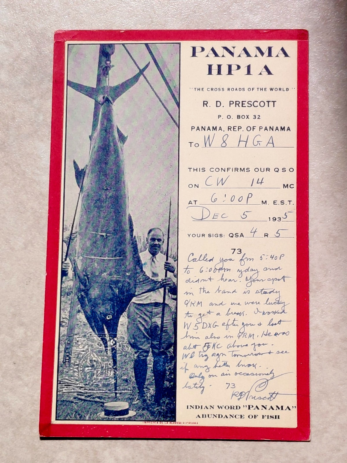 Rare 1935 Panama HP1A QSL Card Black Marlin Col Richard Decker Panama Stamp