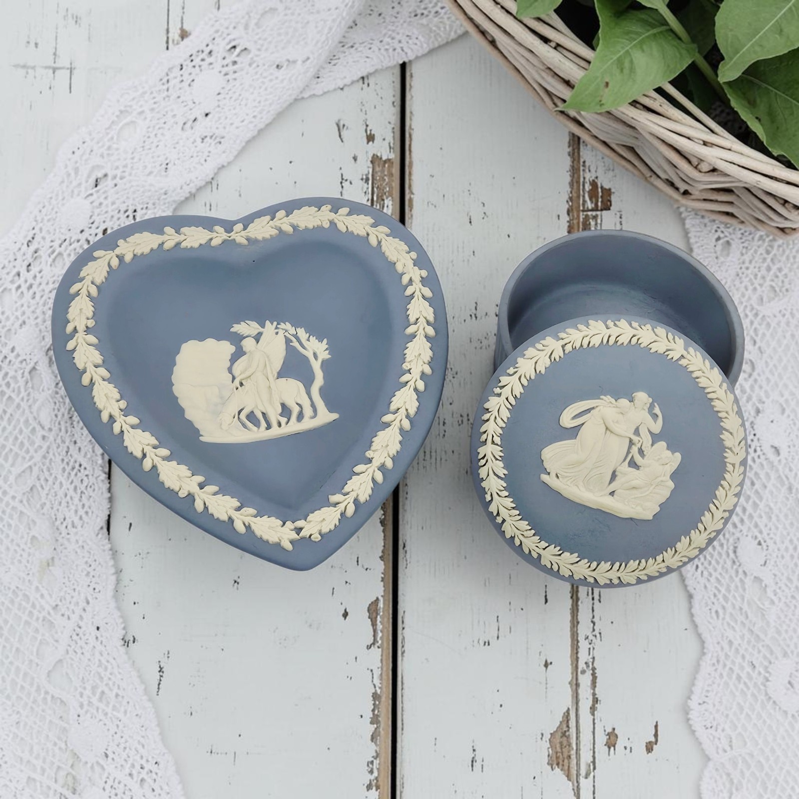 VTG Wedgwood Pale Blue Jasperware Small Lidded Trinket Box & Heart Dish England VTG Wedgwood Pale Blue Jasperware Small Lidded Trinket Box & Heart Dish England
