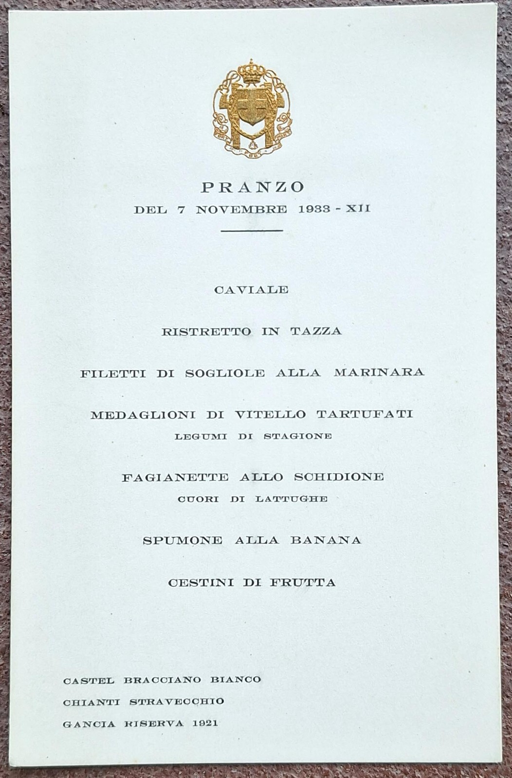 HISTORICAL MENU - GOERING - MUSOLINI - Lunch - ROME - November 7, 1933 HISTORICAL MENU - GOERING - MUSOLINI - Lunch - ROME - November 7, 1933