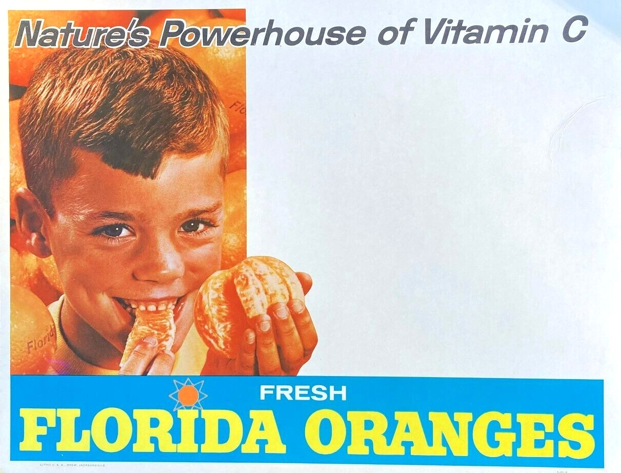 c1950s Fresh Florida Oranges Retail Cardboard Sign - Young Man Eating an Orange
