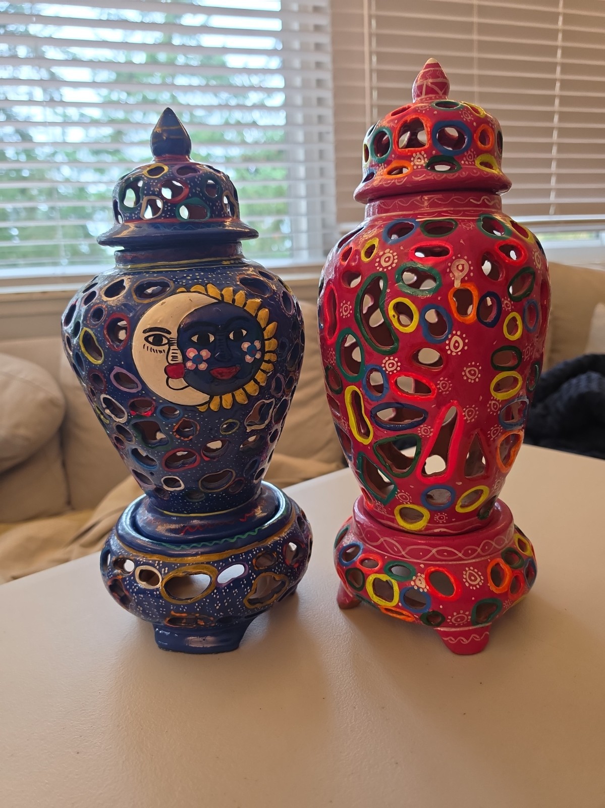 Vintage Mexican Terracotta Pierced Lantern Ginger Jar Pair Celestial Sun...