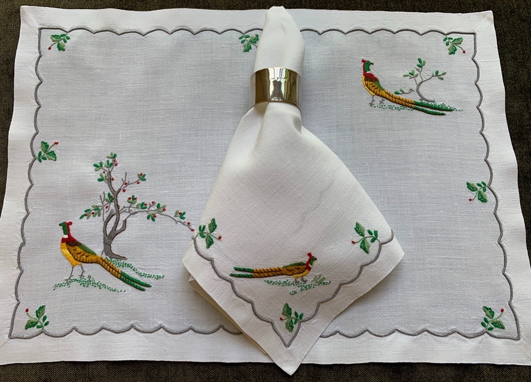 Vintage Placemats Madeira Embroidered Pheasants Trees 4 Placemats, 3 Napkins Vintage Placemats Madeira Embroidered Pheasants Trees 4 Placemats, 3 Napkins