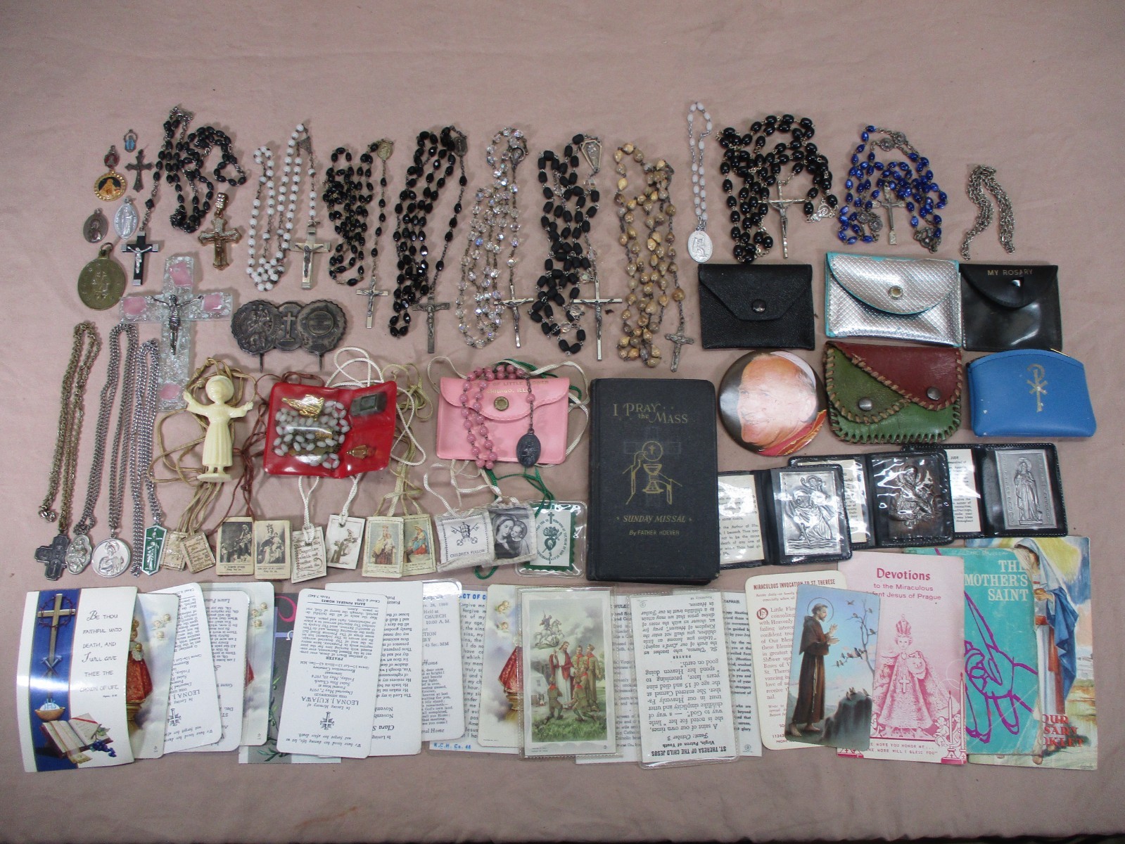 Vtg Catholic Religious Lot Rosaries Prayer Holy Cards Scapular Pendants Sterling