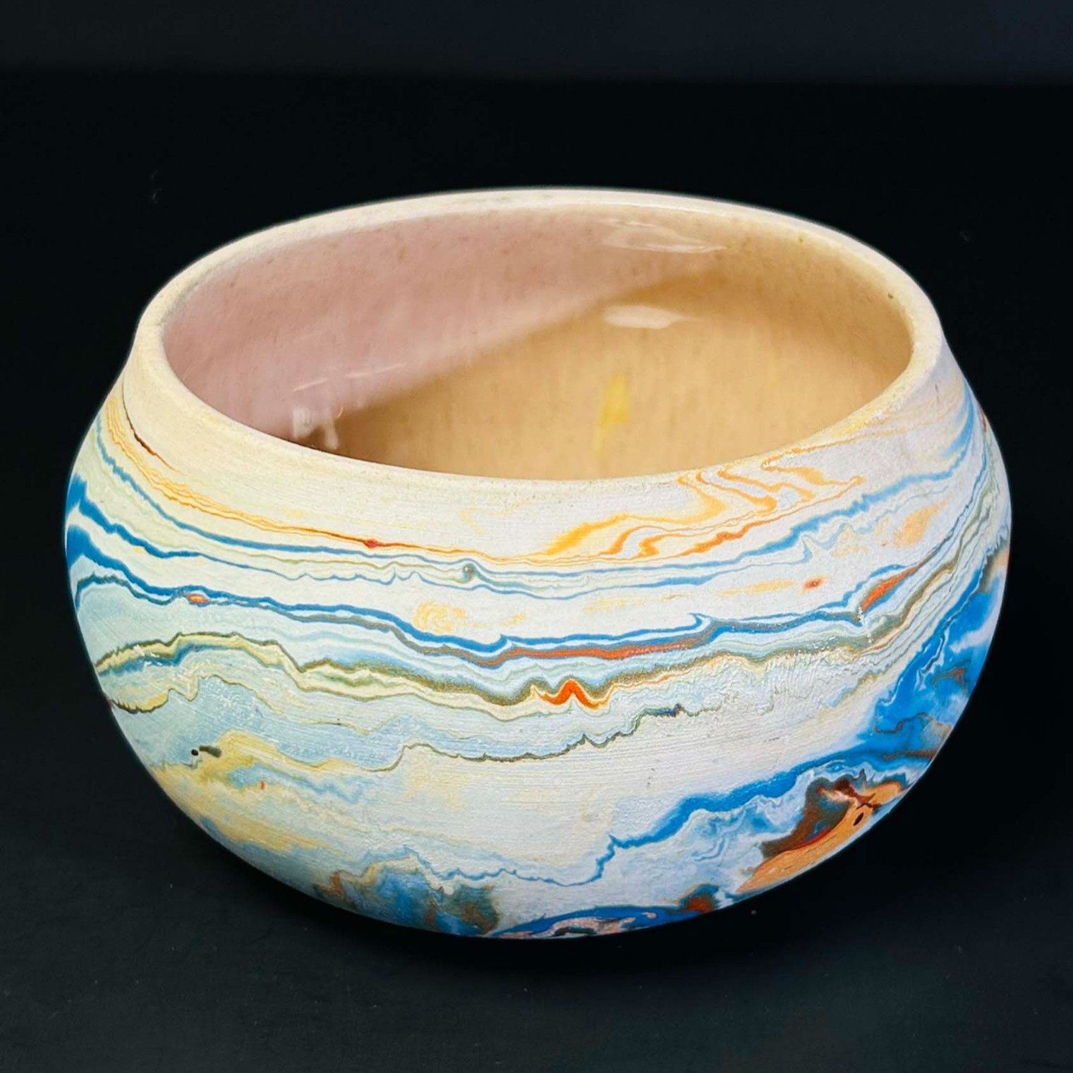 Vintage Nemadji Pottery White Blue Swirl Bowl Small Planter 5