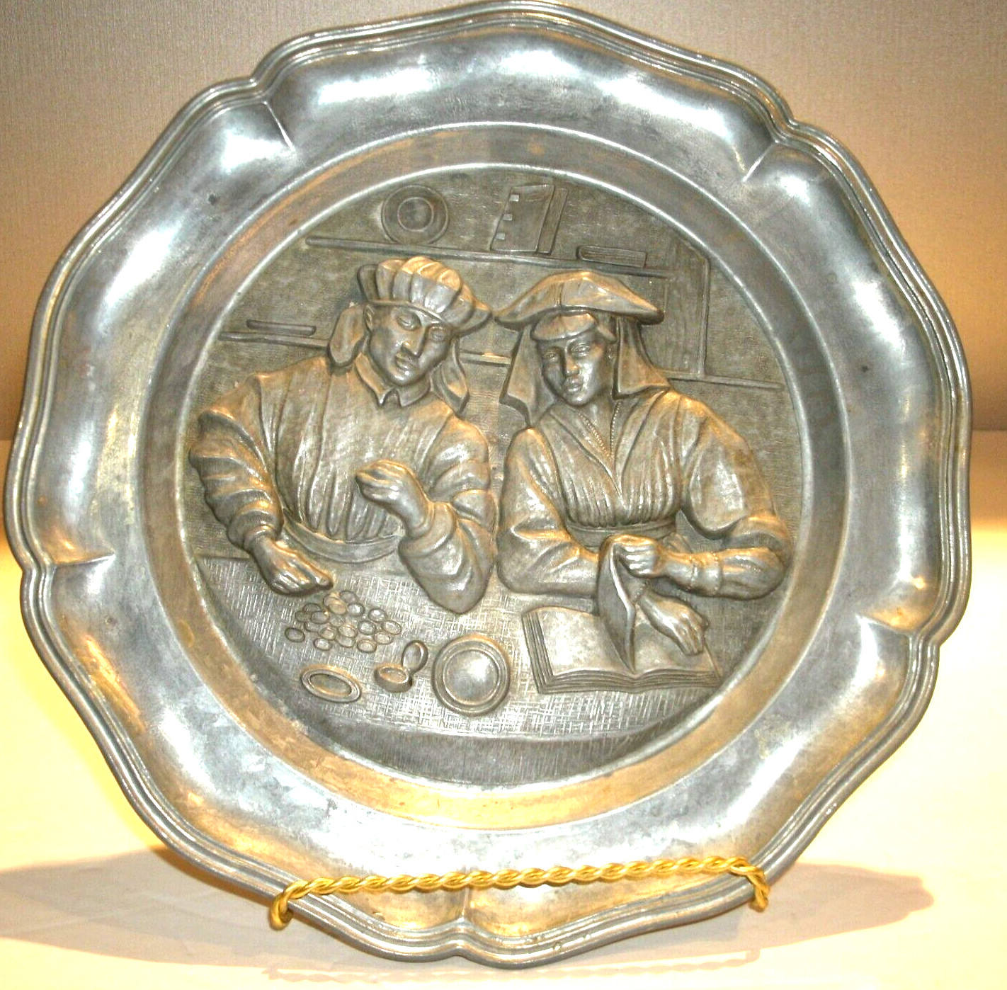 Vtg German Dutch Pewter 3-D Plate Angel with Trumpet Hallmark Wall Hang 9\ Vtg German Dutch Pewter 3-D Plate Angel with Trumpet Hallmark Wall Hang 9\