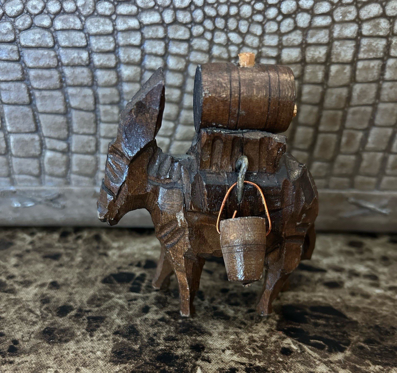Vintage Folk Art Hand Carved Wooden Donkey Packed w/Water Barrels 3.5\