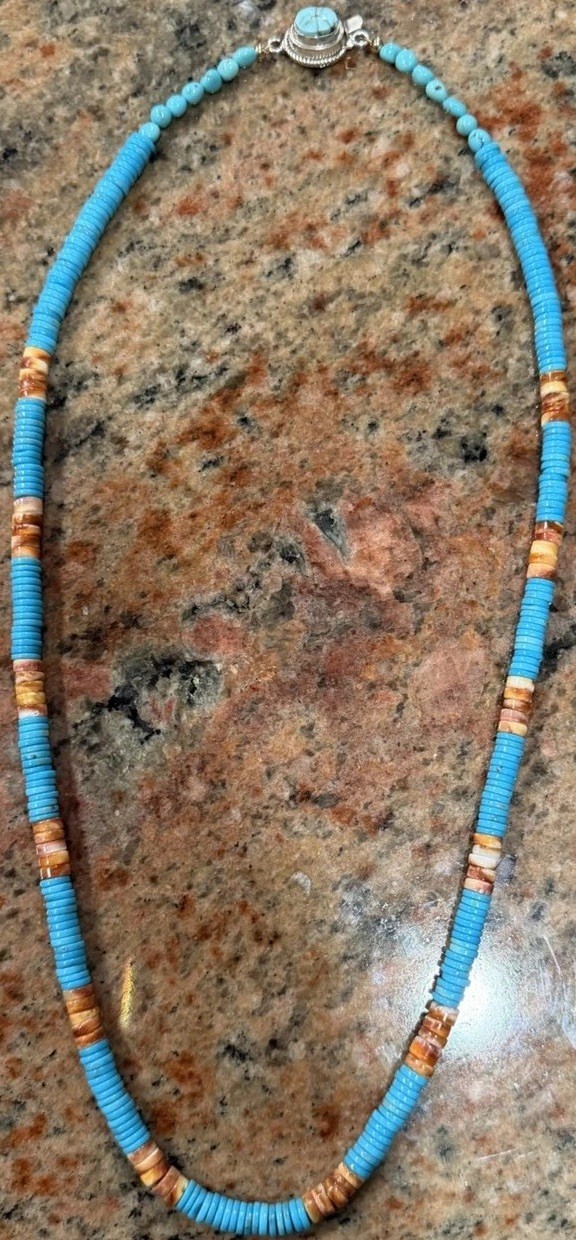 Native American Turquoise Heishi Necklace,Egyptian Turquoise, Spiny Oyster Native American Turquoise Heishi Necklace,Egyptian Turquoise, Spiny Oyster