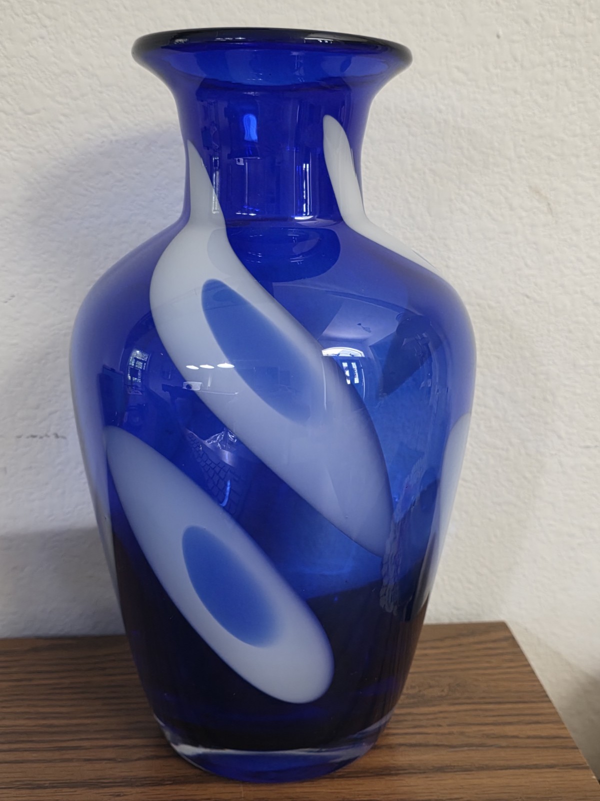 Hand Blown Studio Art Glass Vase Cobalt Blue Diagonal Swirling White Ribbons