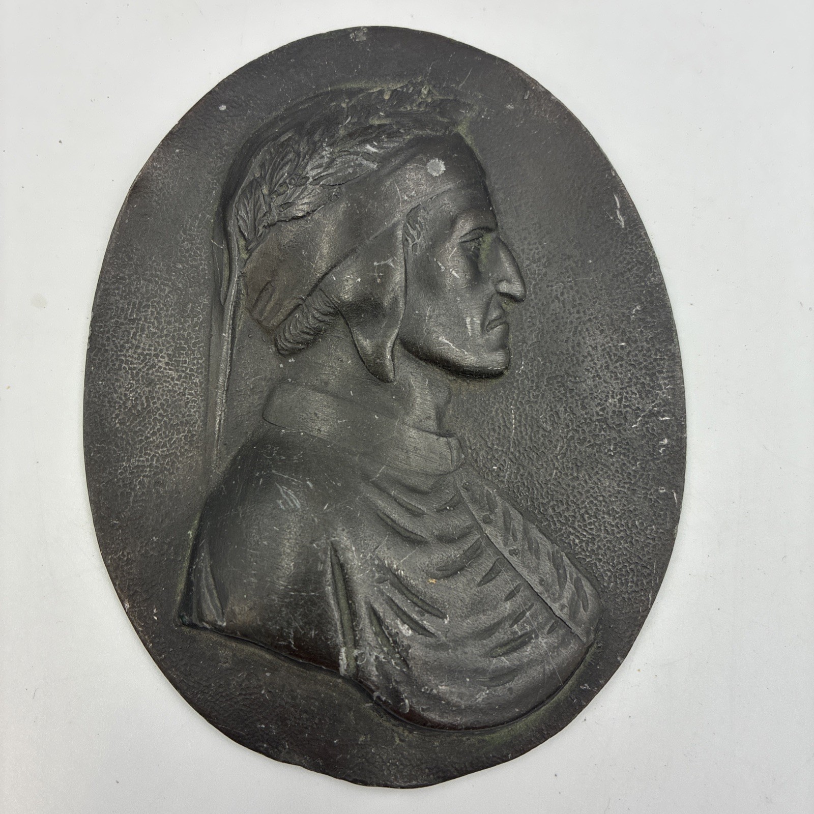 Antique Dante Alighieri Bronzed Metal Relief Plaque Italian Portrait 4.75