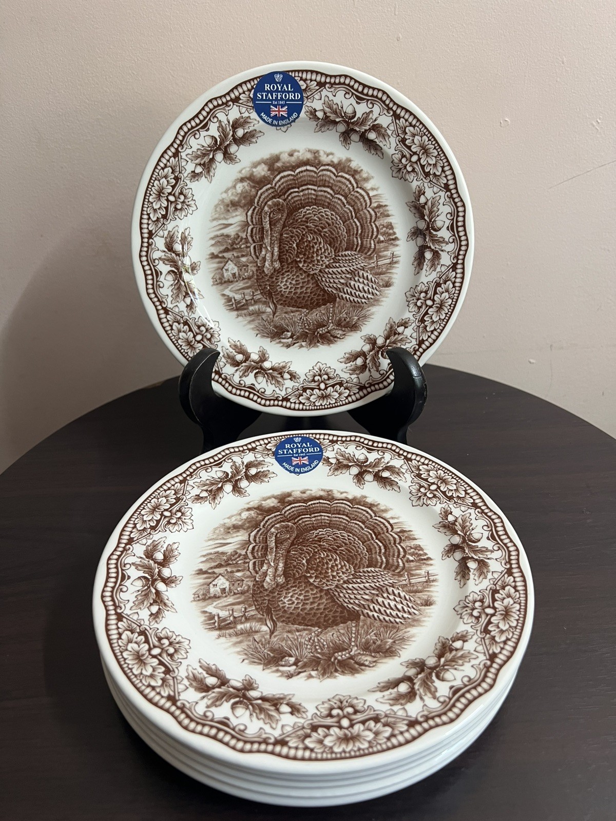 SET/6 ROYAL STAFFORD *HARVEST HOMELAND* THANKSGIVING TURKEY DESSERT PLATES NEW