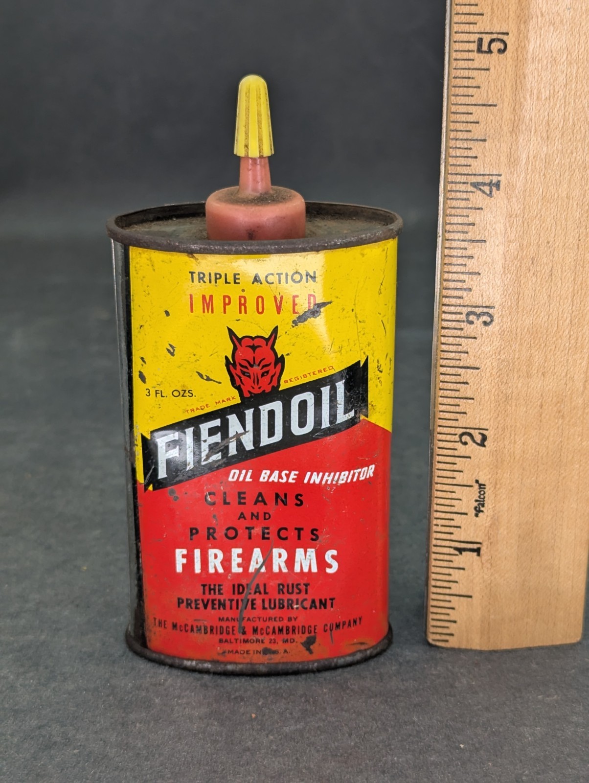Fiendoil Firearms Devil Logo Oiler Tin Litho Can Plastic Cap Top Vintage