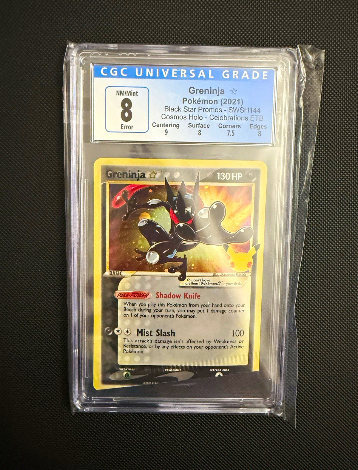 Miscut & Crimped Greninja SWSH144 Celebrations Black Star Promo CGC 8 Error Card