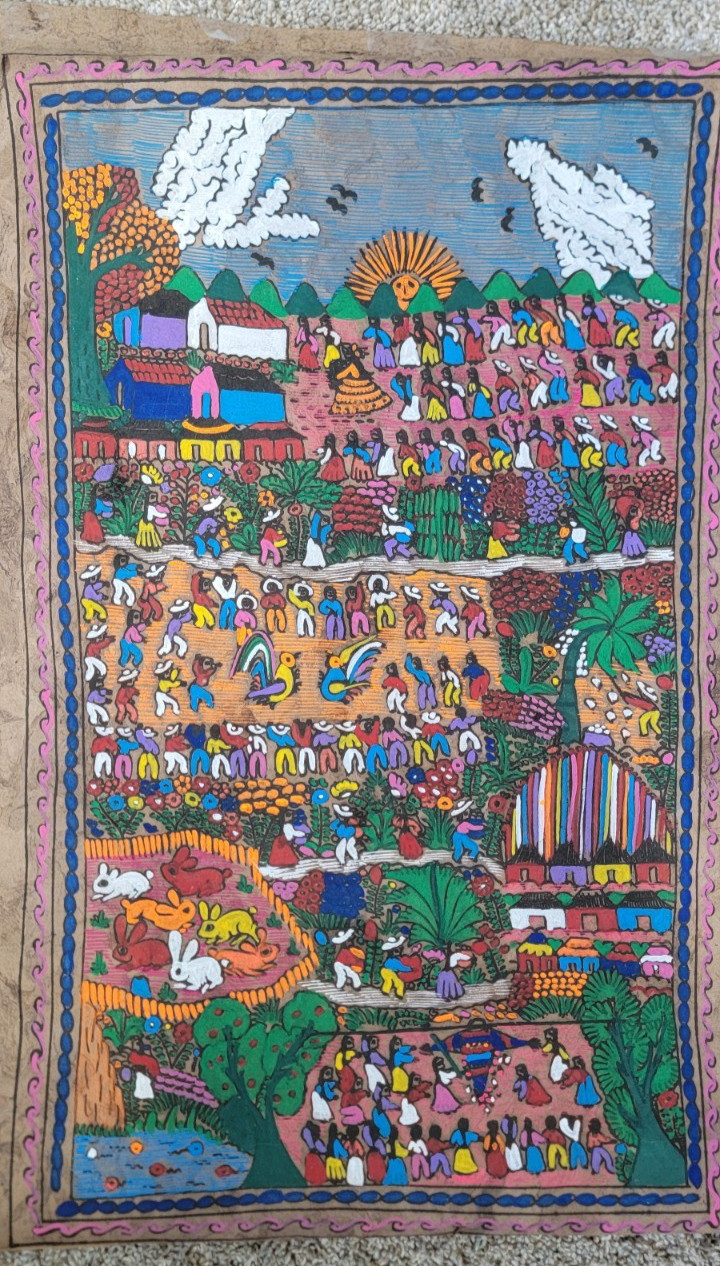 Mexican Amate Bark Painting Folk Art Hand Painted Village Festival Landscape Mexican Amate Bark Painting Folk Art Hand Painted Village Festival Landscape