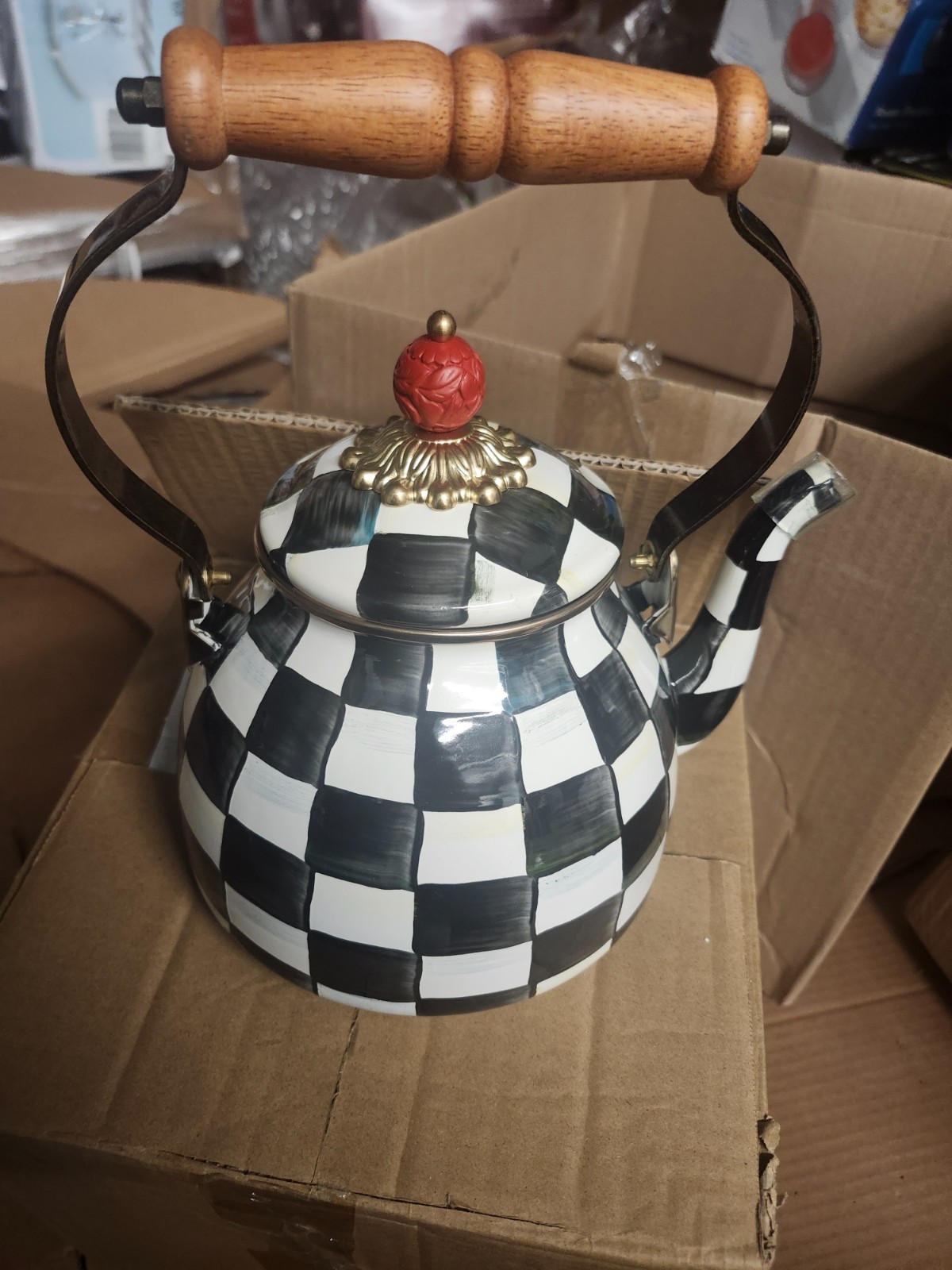 MacKenzie-Childs Courtly Check Tea Kettle 3 Qt with Bird Knob, Whistling Stoveto