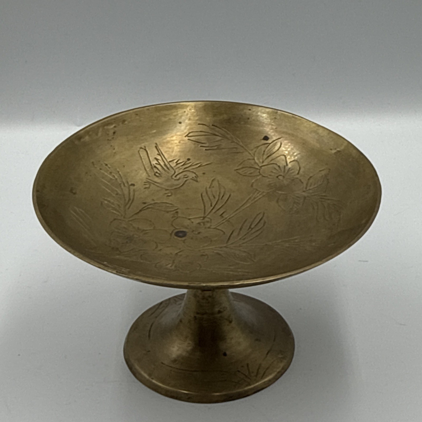 Vintage Etched Brass Pedestal Compote Bowl - Bird and Floral Design Vintage Etched Brass Pedestal Compote Bowl - Bird and Floral Design