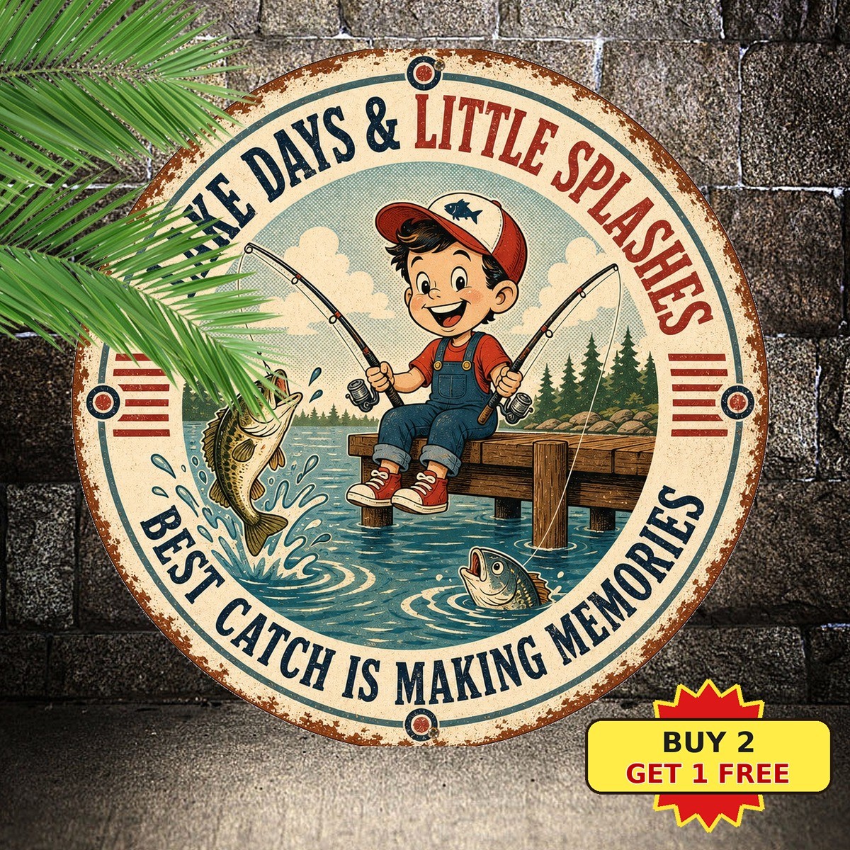 Vintage Lake Fishing Boy Theme Round Tin Sign Wall Art Decor 8x8