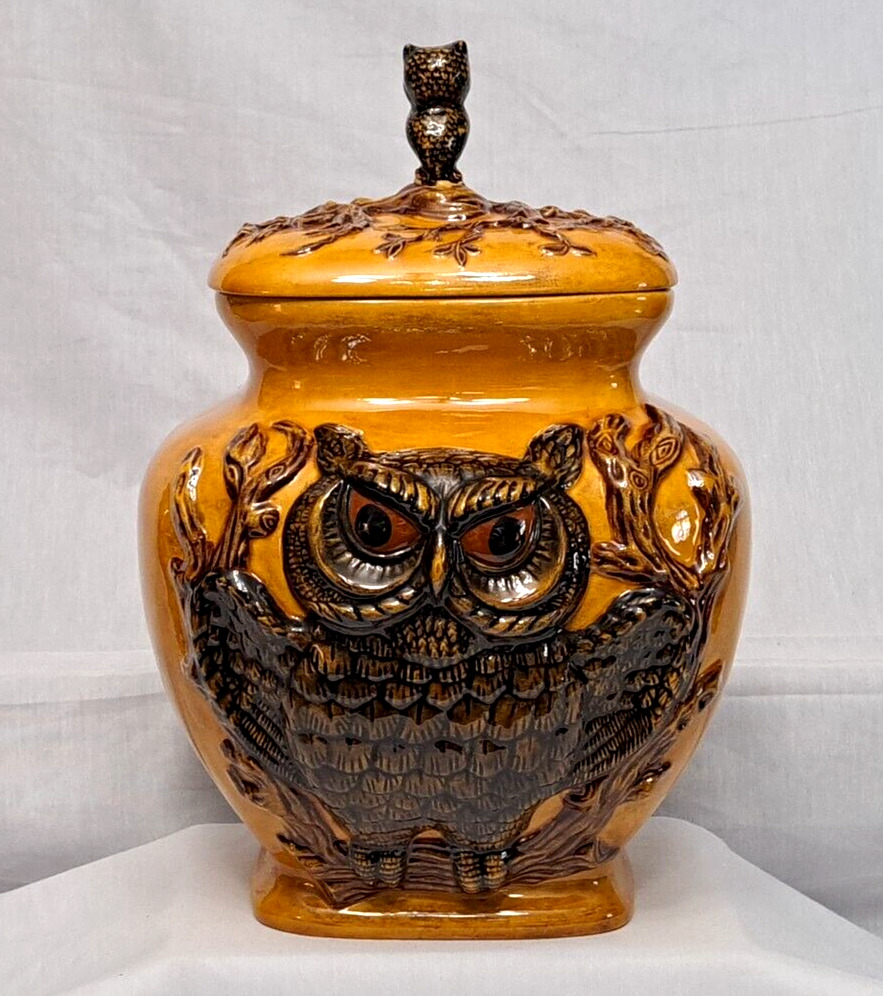Vintage 70\'s Ceramic Owl Large Cookie Jar Burnt Yellow Ornate Granny Retro MCM