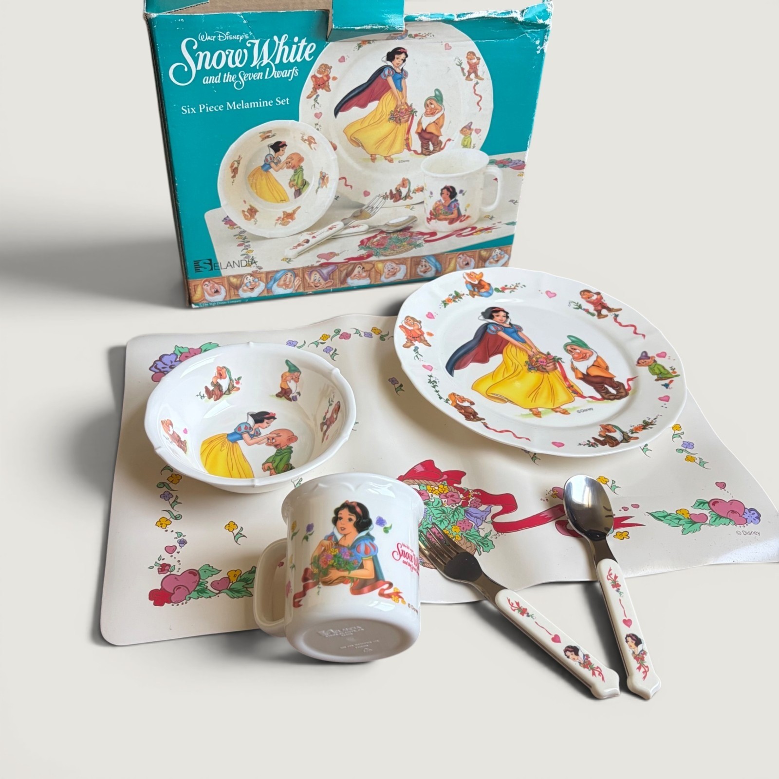 RARE Full Set Vtg Disney Snow White Seven Dwarfs 6pc Melamine Set Selandia Plate RARE Full Set Vtg Disney Snow White Seven Dwarfs 6pc Melamine Set Selandia Plate