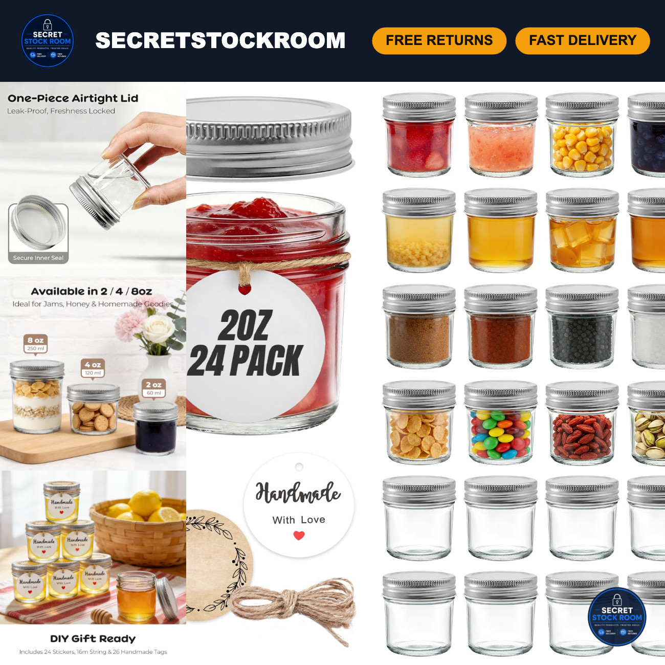 24 Pack Mini Mason Jars 2 oz - Small Glass Storage Containers with Lids, Bulk Se 24 Pack Mini Mason Jars 2 oz - Small Glass Storage Containers with Lids, Bulk Se