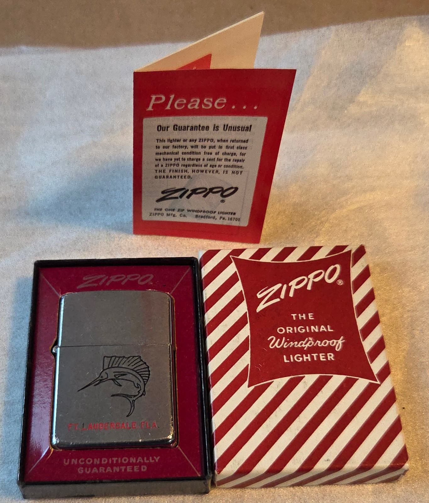 Vintage 1958 Zippo Lighter Ft Lauderdale Fla Sailfish Candy Stripe Box Full Set