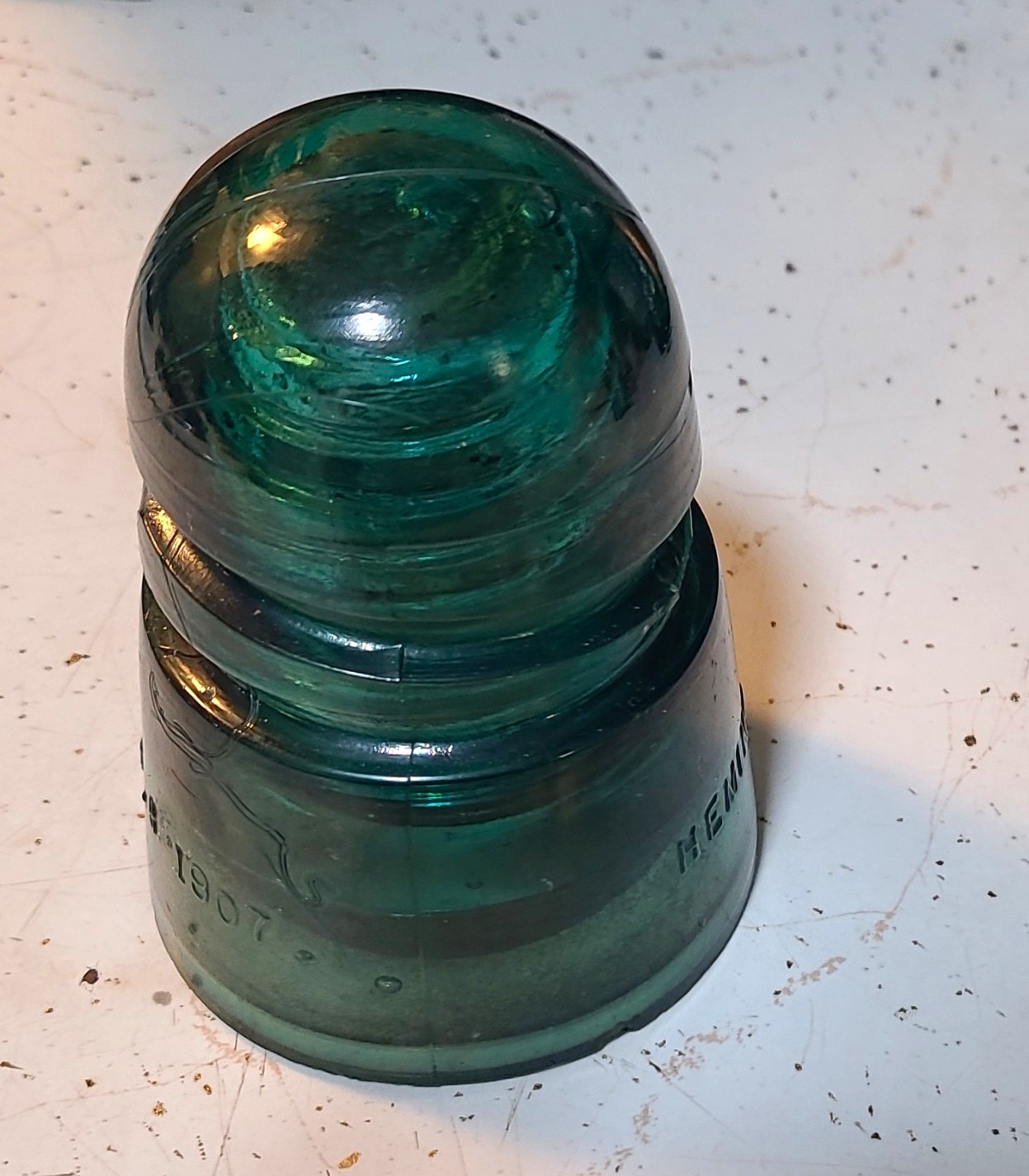 Aqua Blue-Green Threaded Glass Insulator w/ Embossed Markings