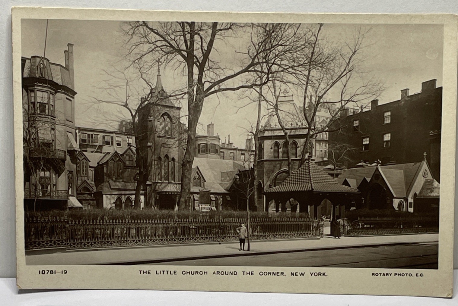 1915c RPPC little church, New York City Rotary photo postcard little boy tree